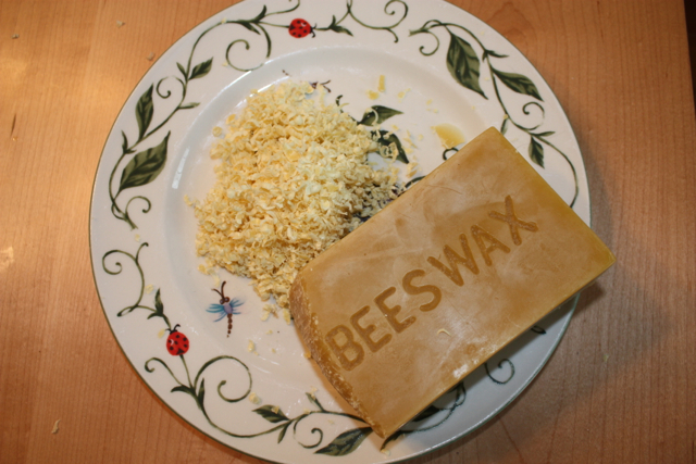 Grated beeswax to add to the strained oils